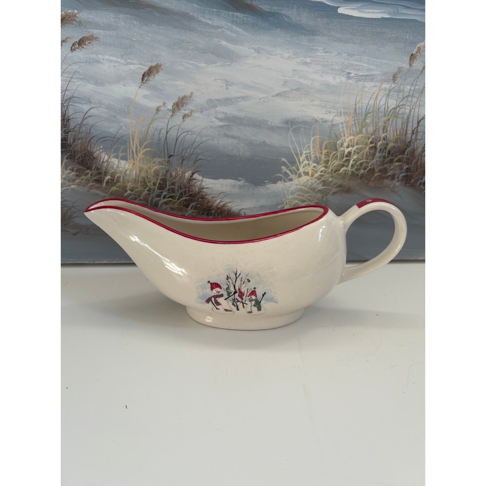 Royal Seasons Stoneware Gravy Boat Snowman Christmas Holiday Red Trim White